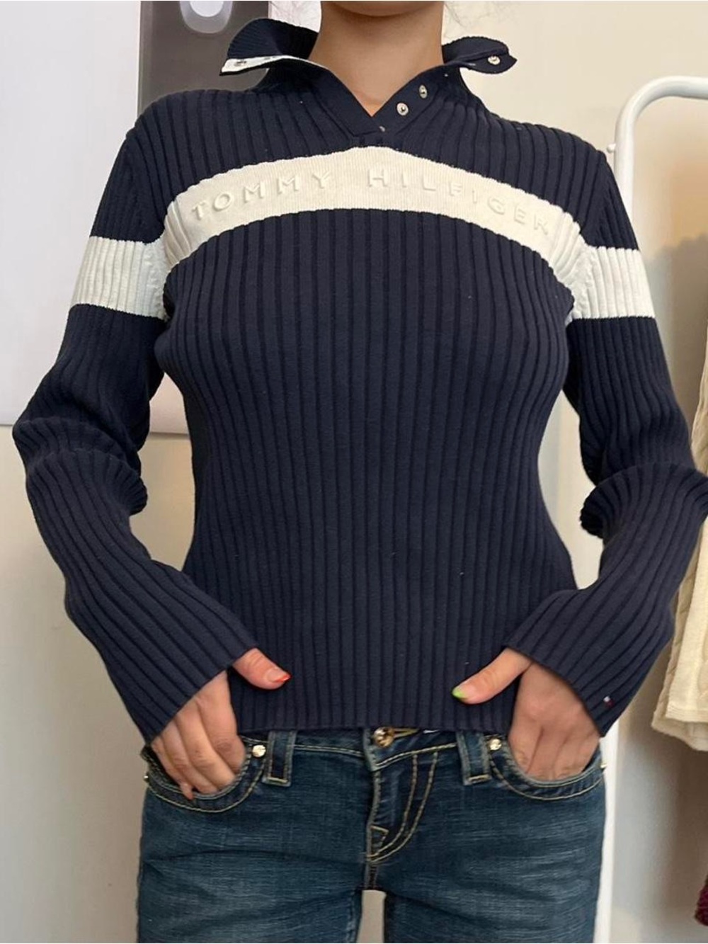 Tommy Hilfiger Ribbed Henley Sweater Y2K Après-Ski Charcoal M